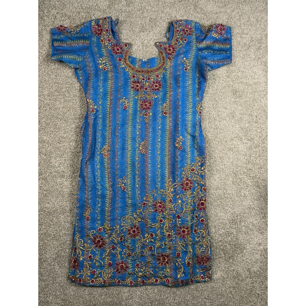 Unbranded Blue Indian-Style Tunic Dress with Embroidery and Sequins, Size 40